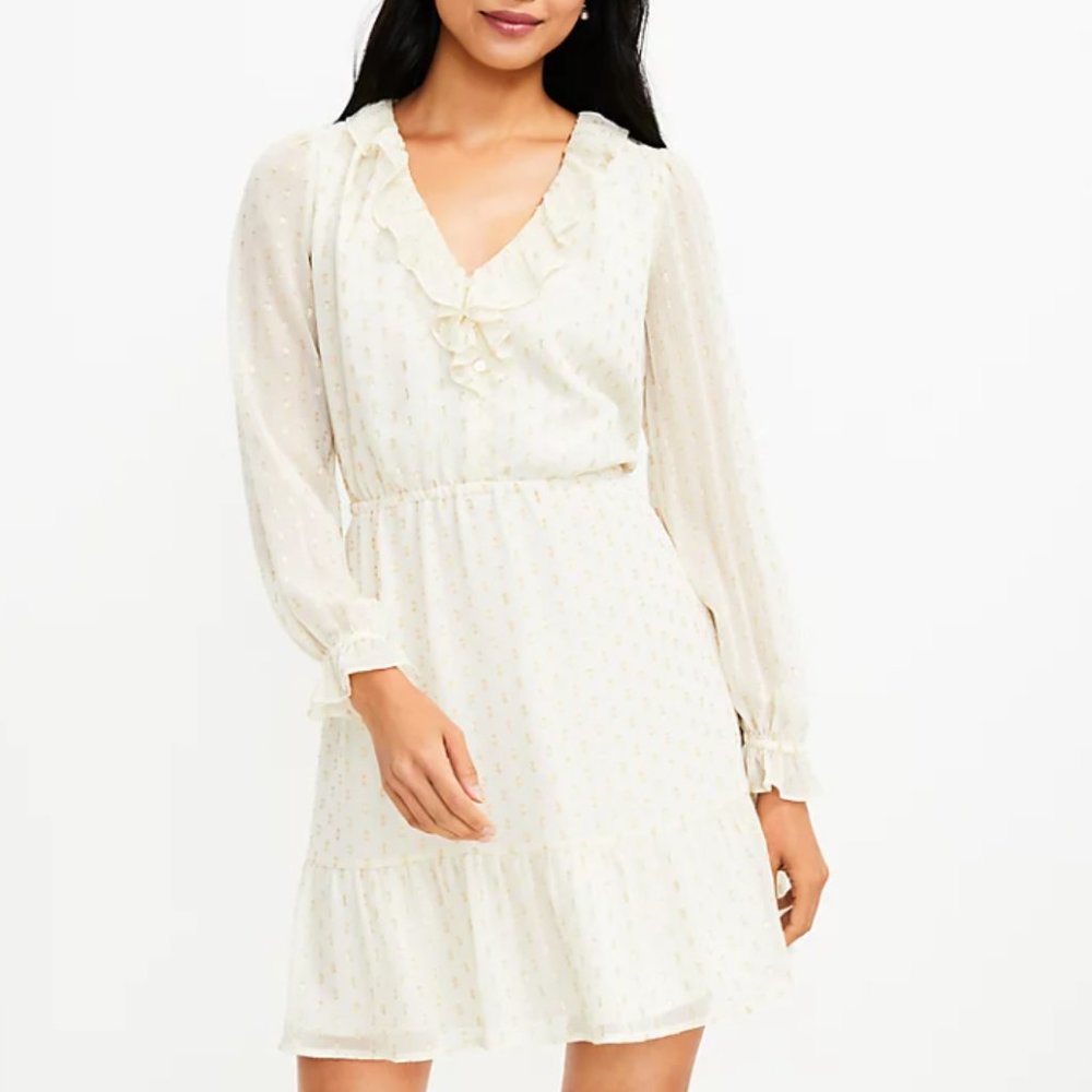 LOFT Petite Shimmer Clip Ruffle V-Neck Dress